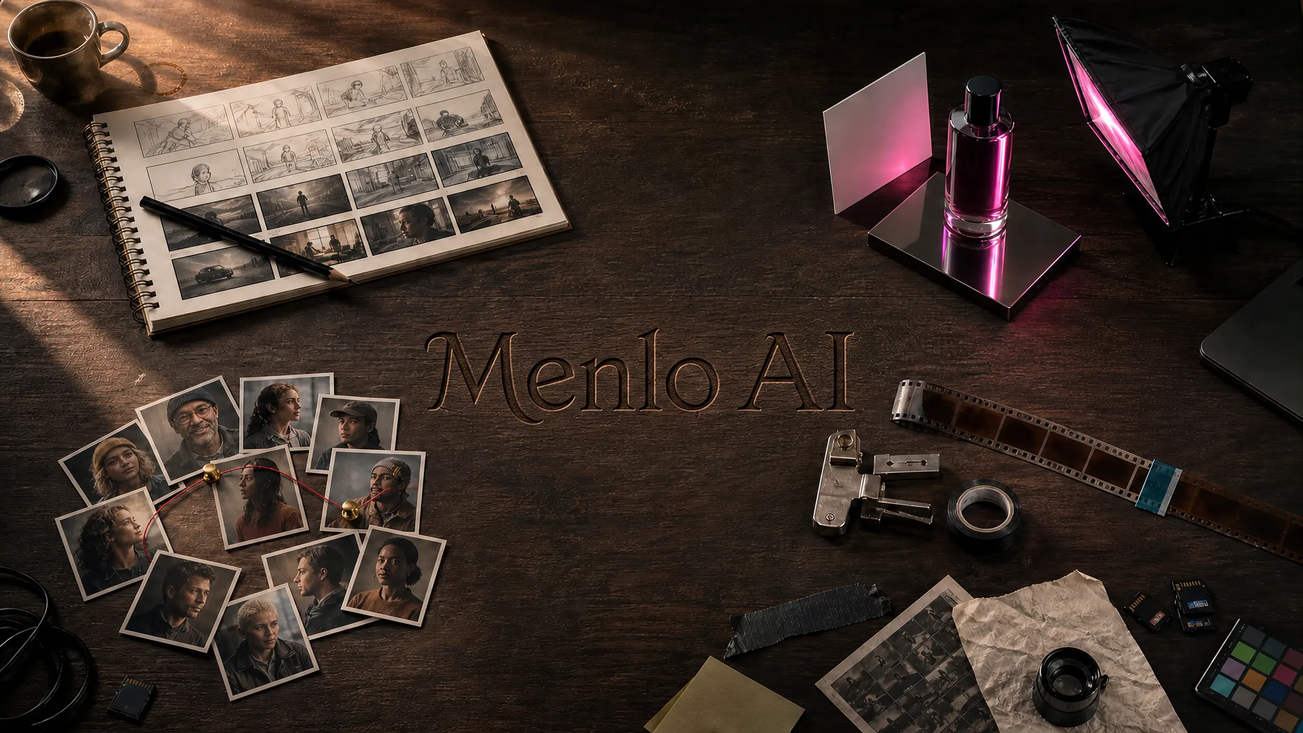 A photographer's work table: an open storyboard sketchbook, a perfume bottle lit for a product shot, a strip of 35mm film with a splicer, and a cluster of portrait photographs linked by red thread.